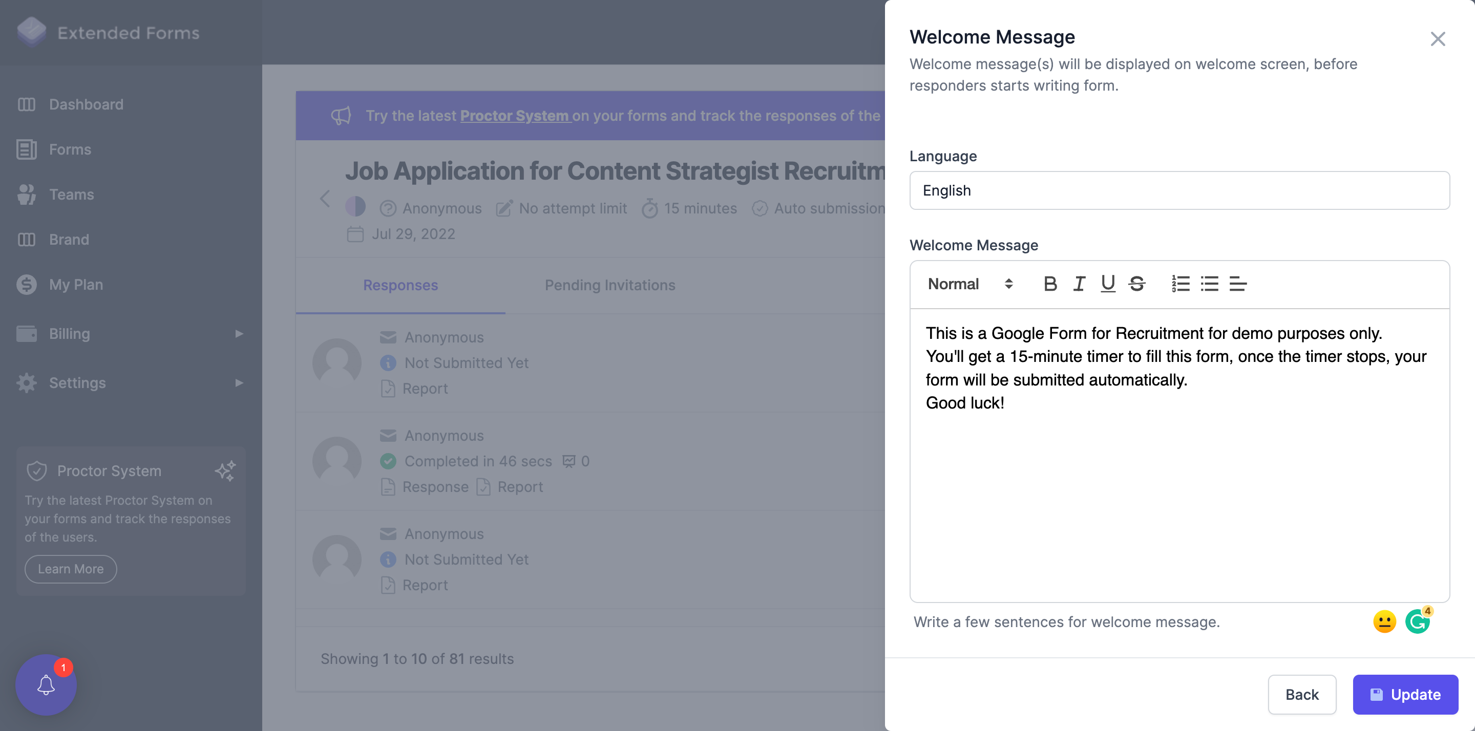 Job Application-Extended Forms welcome message