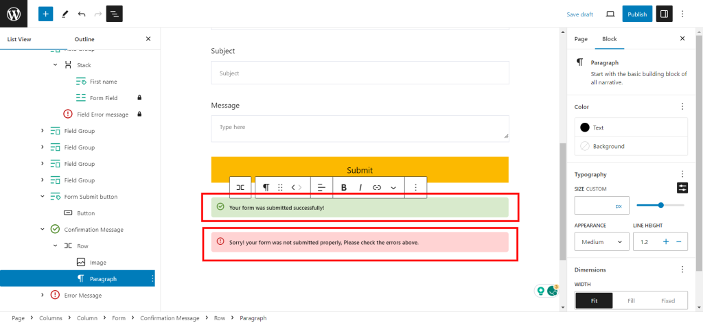 Contact Form in WordPress - Form submission message
