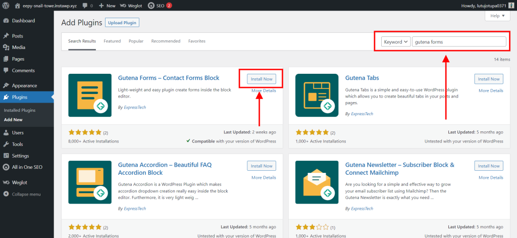 Contact Form in WordPress - Install and activate Gutena Forms - Contact Forms Blocks