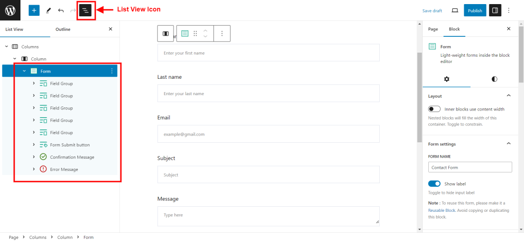 Contact Form in WordPress - List View