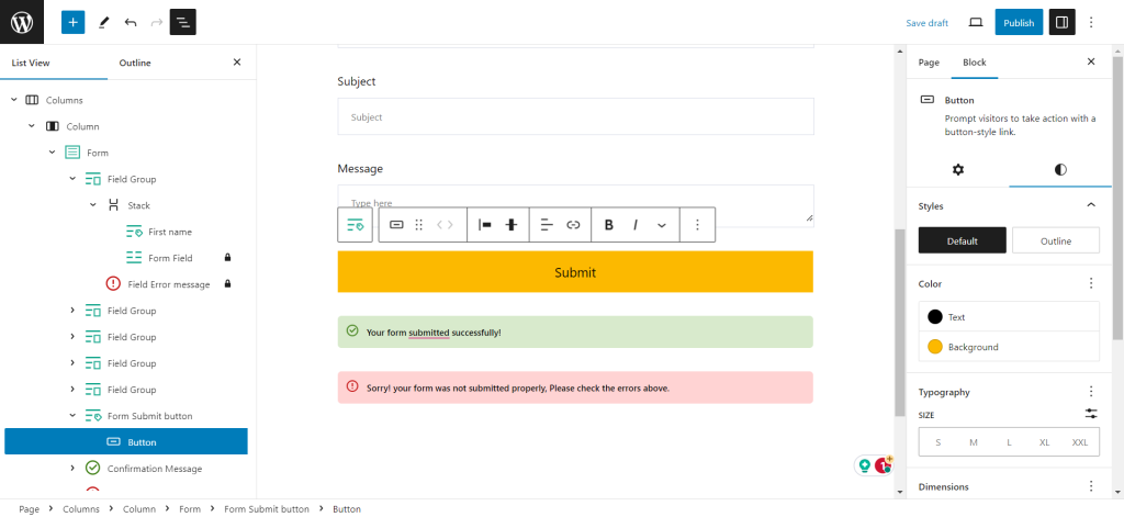Contact Form in WordPress - Submit button