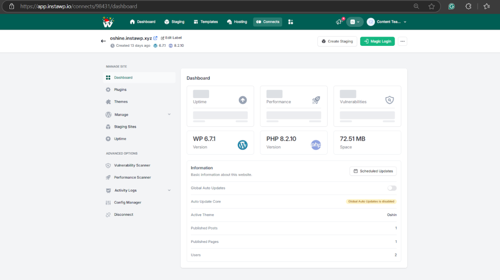 InstaWP - Dashboard with Key Metrics