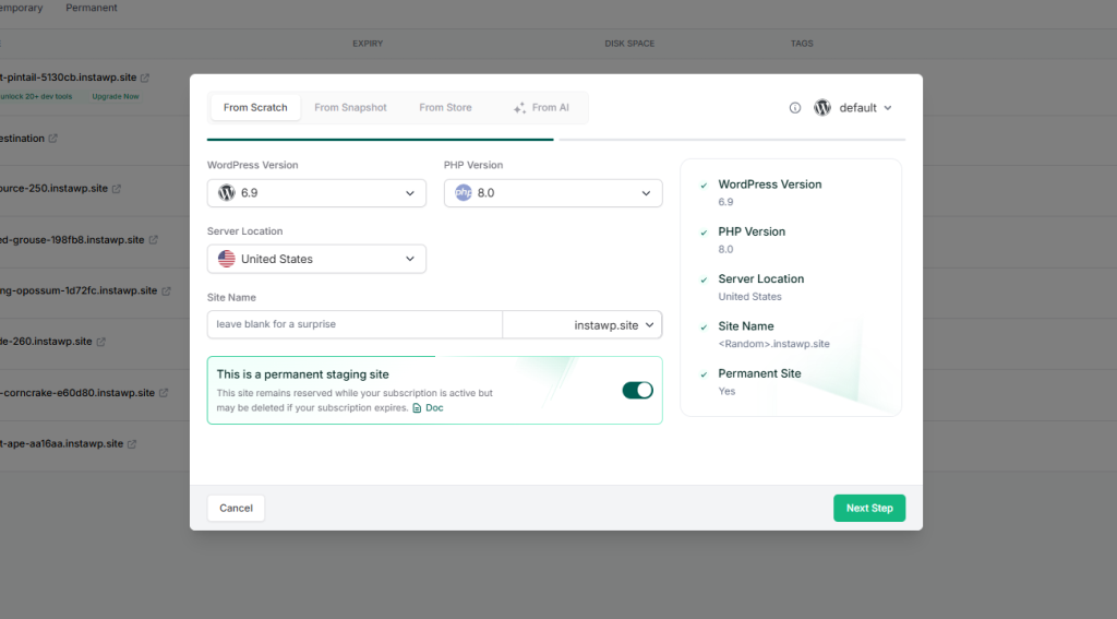 Create a New Site in InstaWP